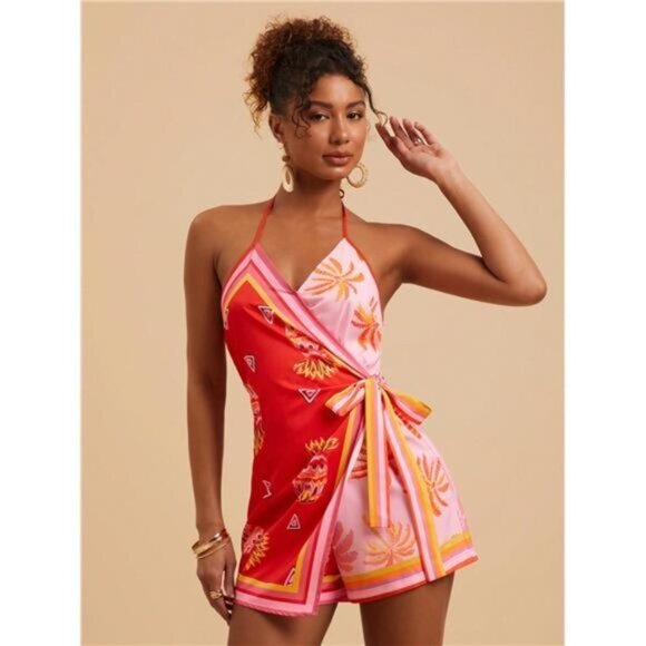Travachic Palm Tree Print Woven Jumpsuit Romper For Womens,Spring&Summer,Beach - Picture 1 of 7